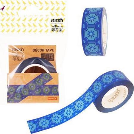 Decoratie papieren tape Stickn - Blauw - 16mm breed - 10 meter rol - Niet permanent